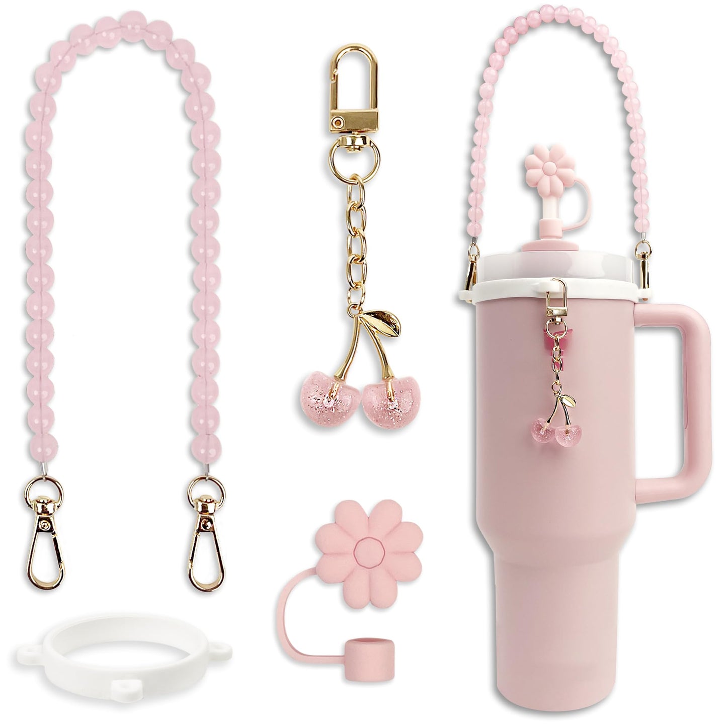 BydGxy Stanley Cup Accessories Set for 30 oz, 40 oz, 20 oz Tumbler, Includes Straw Cover, Water Bottle Handle Strap, and Cherry Charm, Compatible with Pink & Purple Stanley Cup