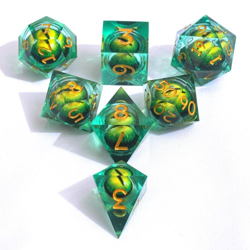 Premium Resin DND Dice Set - Liquid Core and Dragon Eyes - 7 Piece Sharp Edge RPG Game Accessories Including D4 D6 D8 D10 D% D12 D20 in Black Metal Box for Dungeon Masters and Starters