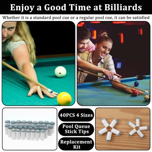 40 pcs Slip On Pool Cue Tips Shaper, No Glue or Tools Pool Stick Tips Replacement Kit, 4 Sizes Billiard Cue Sticks Tip Pools Table Accessories for Most Pools Snooker Cues 9mm/ 10mm/ 12mm/ 13m