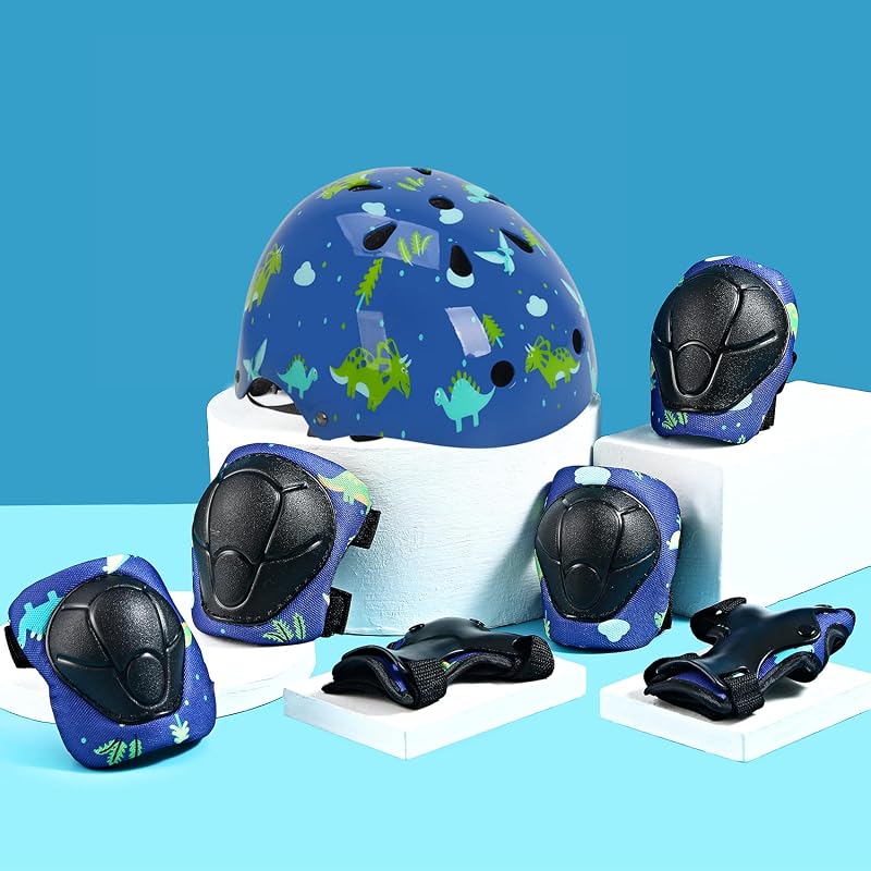 Kids Protective Gear Set 7-in-1 with Helmet, Knee, Elbow & Wrist Guards - Blue, 5-8 Years