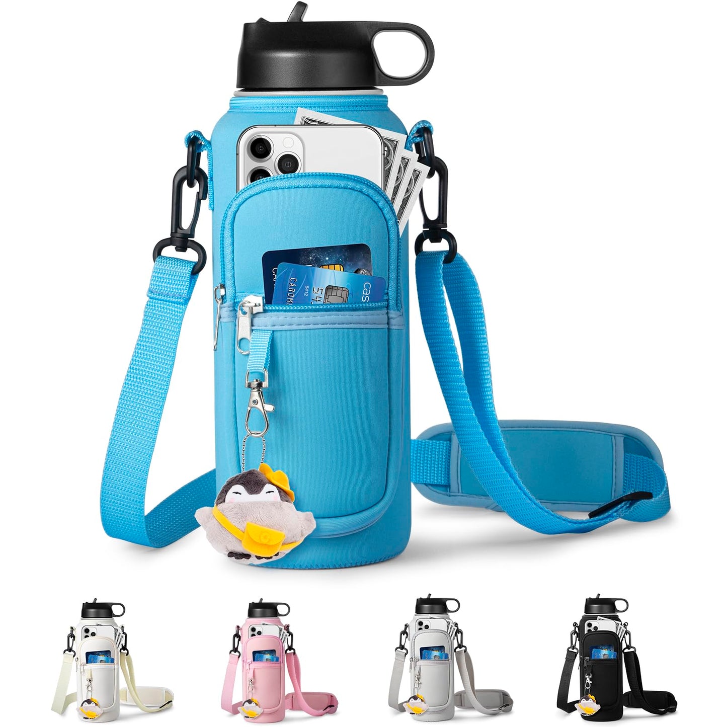 RRegeny Water Bottle Holder with Strap for Hydroflask 32oz 40oz, Carrier Sling Bag with Phone Pocket Sleeve for Men Women Hiking Camping Travelling（Blue 40oz）