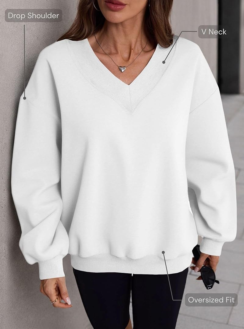 Hilinker Women’s V-Neck Oversized Sweatshirt White Large