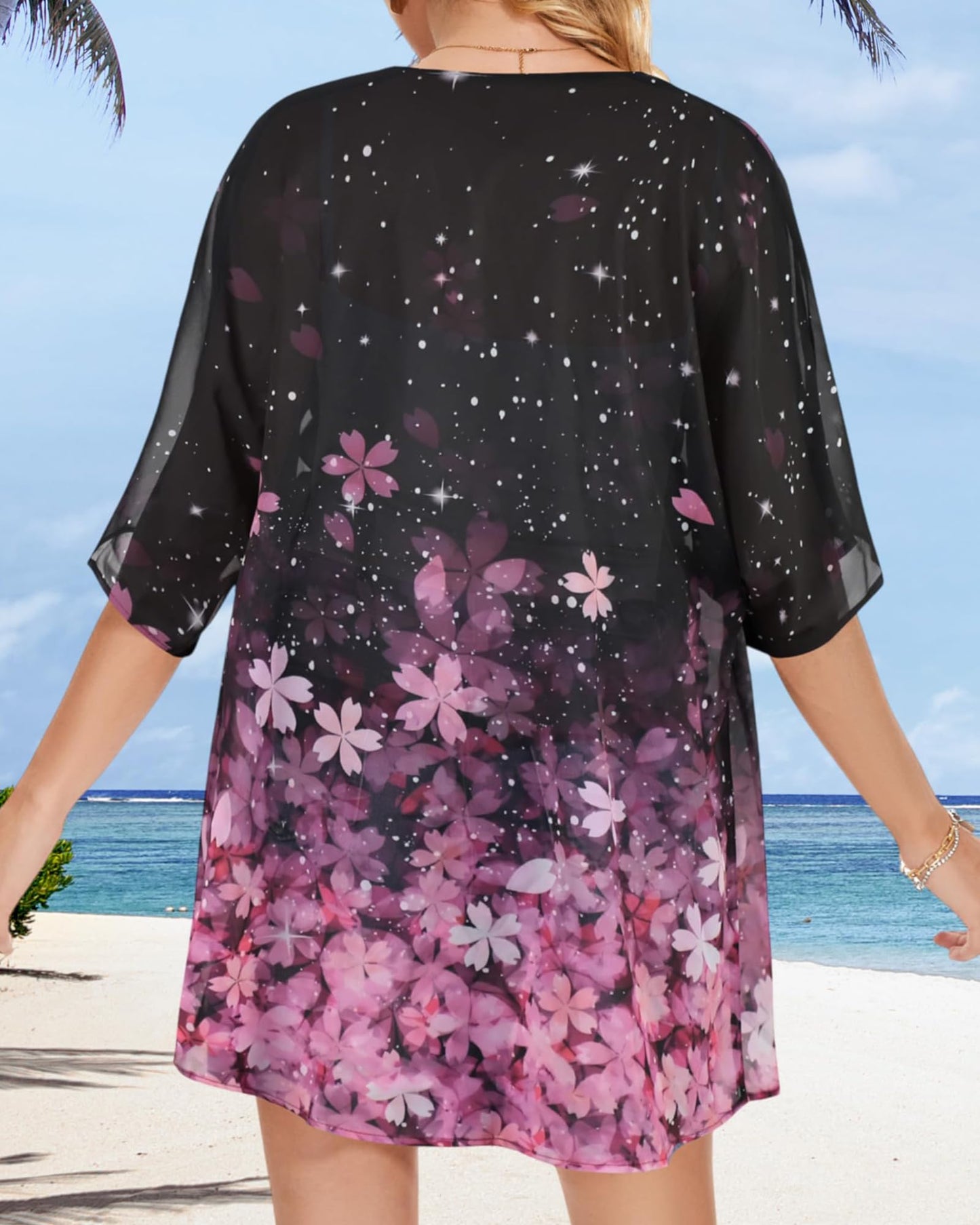 Women's Floral Print Puff Sleeve Kimono Cardigan Loose Cover Up Casual Blouse Tops(Black Pink Purple Floral,M)