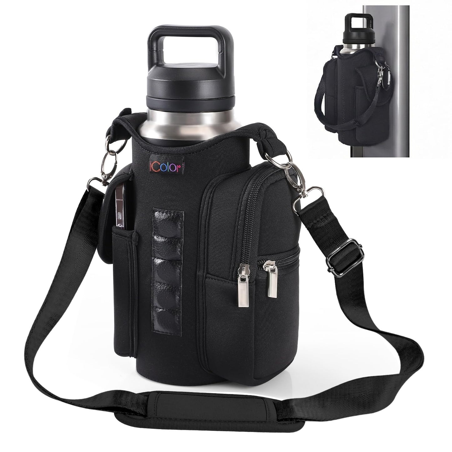 icolor Magnetic Gym Bag Water Bottle Holder with Phone Pockets & Shoulder Strap,Sling Gym Magnetic Bag 5 Built-in Magnets Bottle Pouch Carrier Sleeve Gym Accessories Organizer for Men Women
