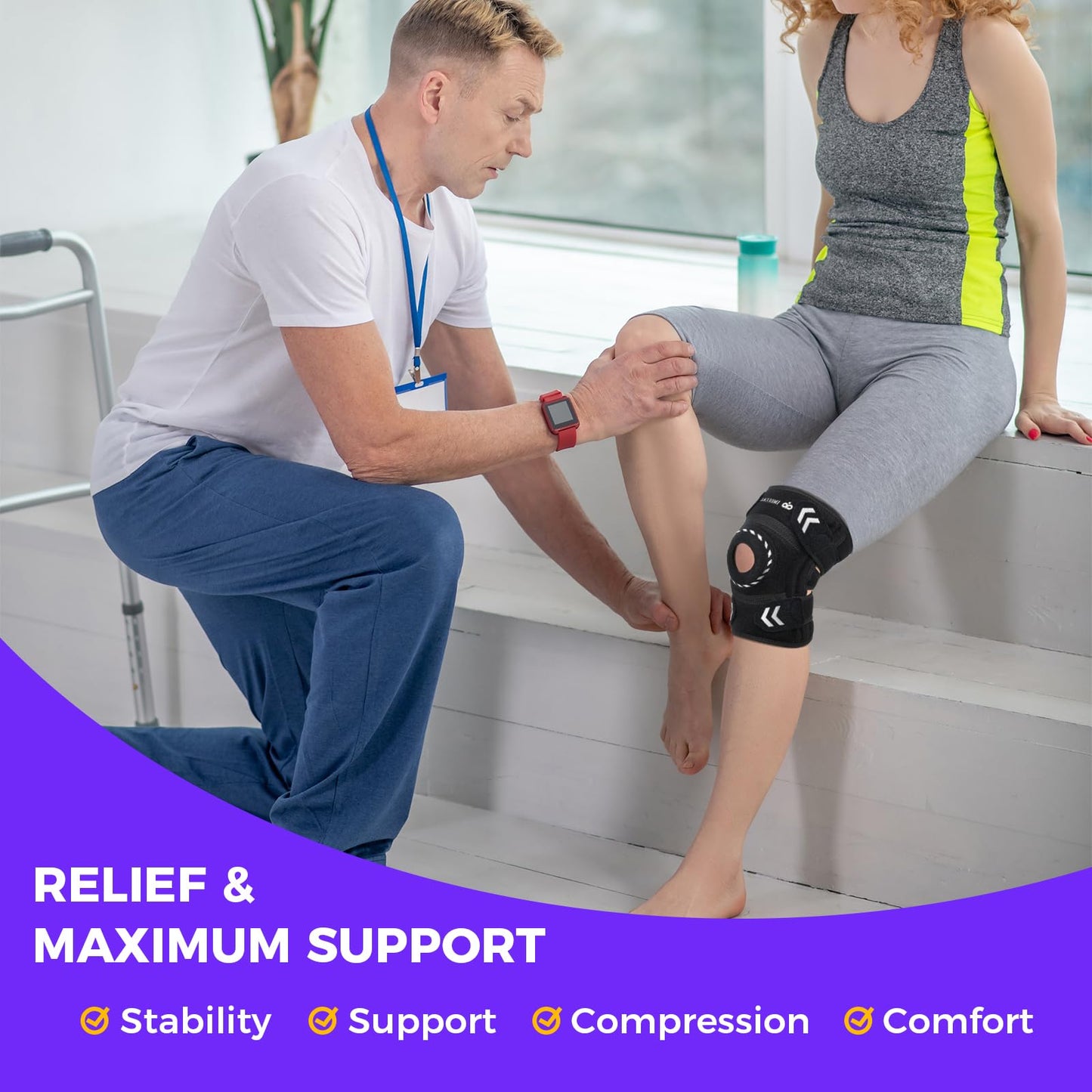 Adjustable Compression Knee Patellar Pad Tendon Support Sleeve Brace for Men Women - Arthritis Pain, Injury Recovery, Running, Workout, Neoprene Knee Brace with Stabilizers and Open Patella, Pink Pro