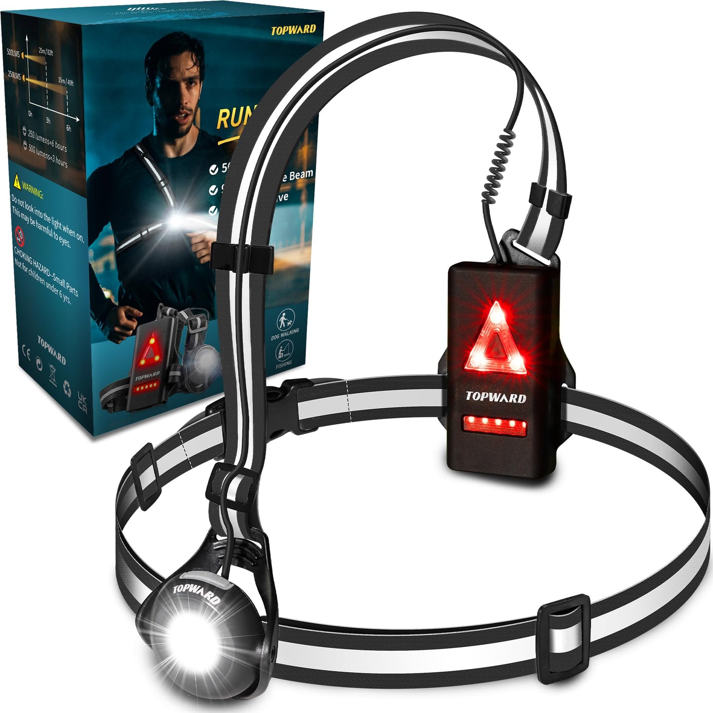 Topward Running Lights for Runners USB-C Rechargeable, Chest Headlamp with 500 Lumen Adjustable Beam, Safety Light for Walking Dog at Night