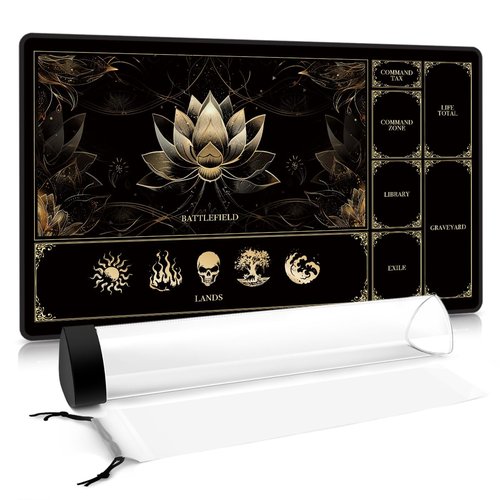 MTG Playmat with Play Zones – Magic Play mat Card Game Mat for Magic The Gathering, Lotus & Basic Lands Design, 24x14 inch, Stitched Edge, Non-Slip Base with Prismatic Playmat Tube-Gold Lotus