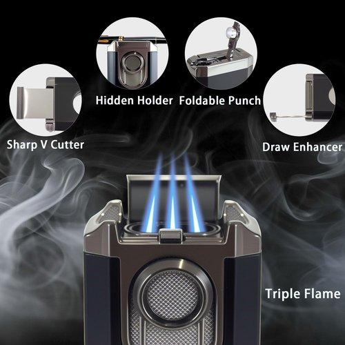 5-in-1 Windproof Torch Lighter with Cutter, Punch, Holder, Draw Enhancer Tool, 3 Jet Flames Butane Lighter Accessories Gift for Men (Butane not Included) (Black)