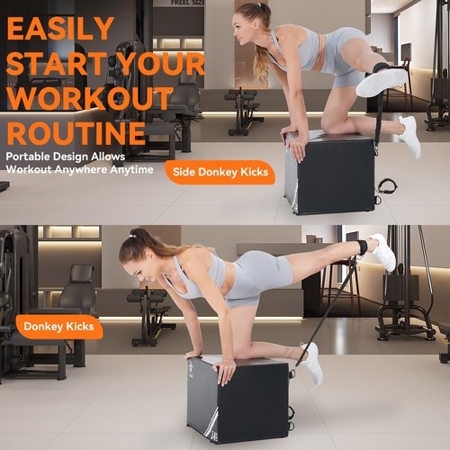 SEWD 3-in-1 Foam Plyometric Box, High Density Exercise Platform, 14-inch Multi-Functional Workout Box with Resistance Bands, Exercise Handle and Ankle Strap.