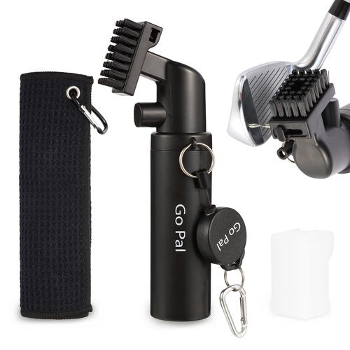 Go Pal Golf Club Cleaner: 5oz Portable Water Bottle Golf Club Brush with Groove Cleaner, Nylon Bristles, Towel, Retractor, Push Button for Easy Cleaning - Golf Club Bag Accessories for Men Women