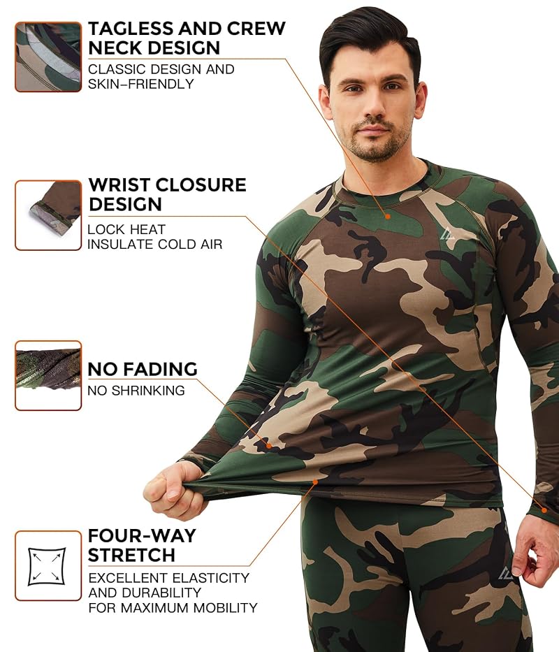 Men's Thermal Base Layer Set - Long Johns, Fleece 95% Polyester 5% Spandex, Camouflage Green, Large