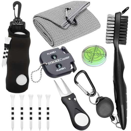 karamagic 11 Pcs Golf Accessories Kit, Include Golf Tees Golf Towel Golf Ball Bag with Hook Cleaner Brush Golf Ball Marker Golf Divot Tool Golf Score Counter