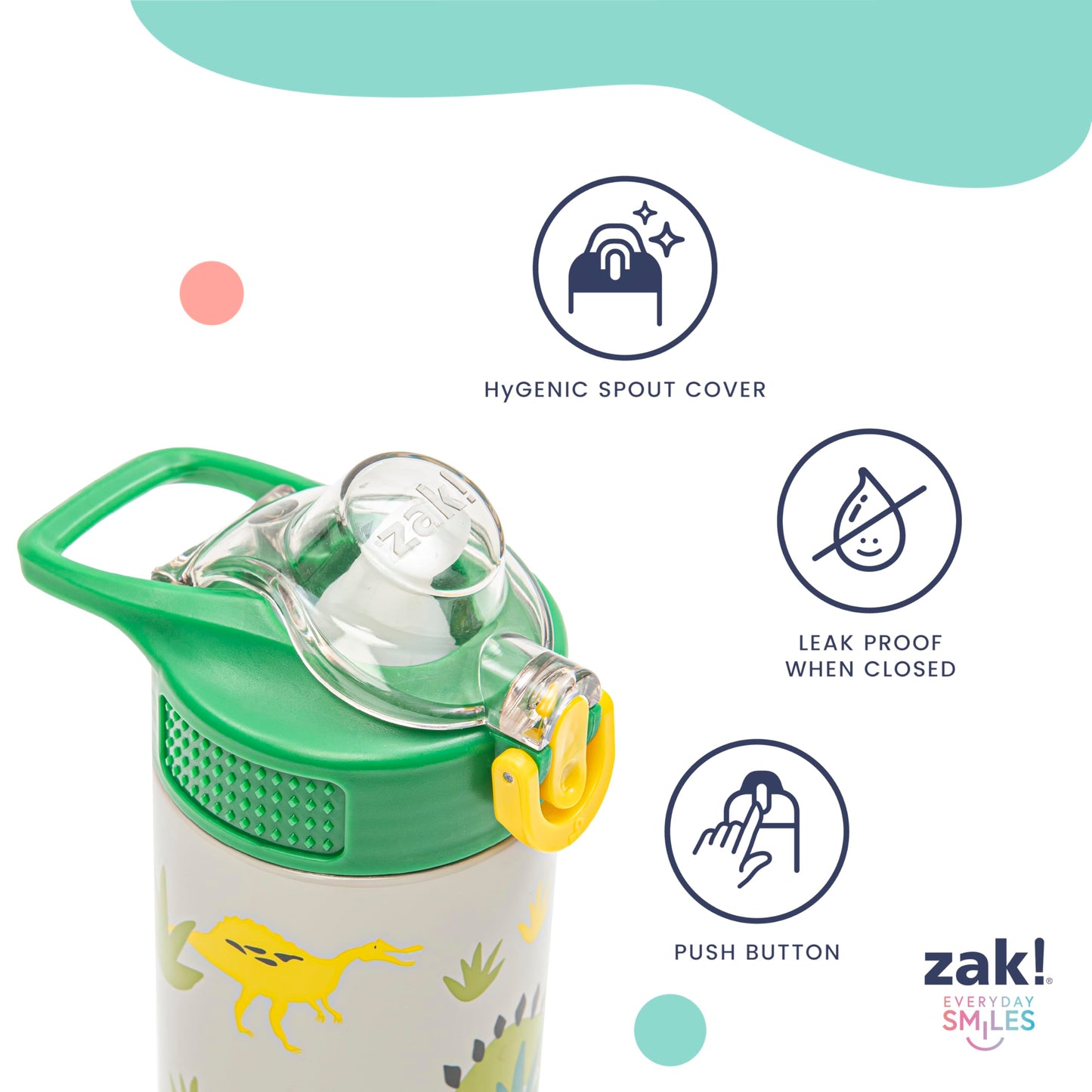 Zak Designs Sage Kids Water Bottle For School, Travel or At Home, 14oz Stainless Steel Water Bottle With Straw, Handle, and Leak-Proof, Pop-Up Spout Cover (Dino)