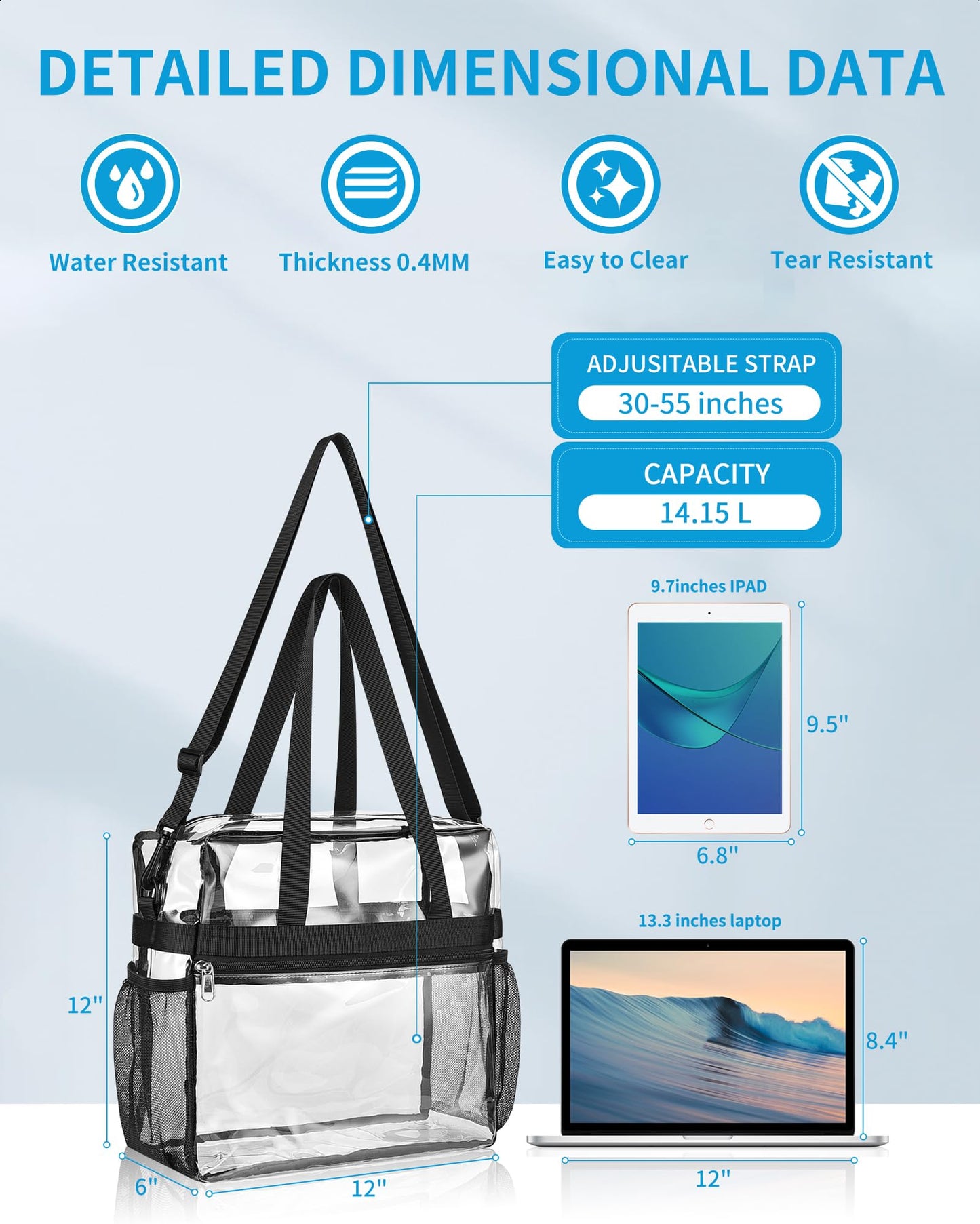 Paxiland Clear Bag for Stadium Events 12x6x12, Large Clear Tote Lunch Bag Stadium Approved with Detachable Reinforced Shoulder Straps for Concert and Festival, Transparent Handbag for men - Black