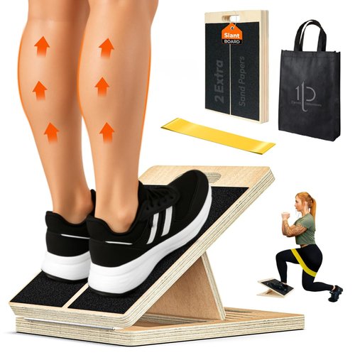 Adjustable Wooden Slant Board for Calf Stretching – Incline Wedge for Ankle,Heel,Knee & Leg Pain Relief – Squat Equipment for Physical Therapy & Home Gym-2 Extra Sand Papers,Carry Bag & Mini Loop Band