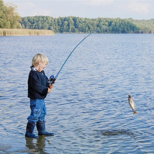 CODEK Kids Fishing Pole Set with Full Starter Kits 2 Set Portable Telescopic Fishing Rod and Spincast Reel Cambos with a Fishing Net and 2 Buckets for Boys Girls and Youth (Blue+Orange)