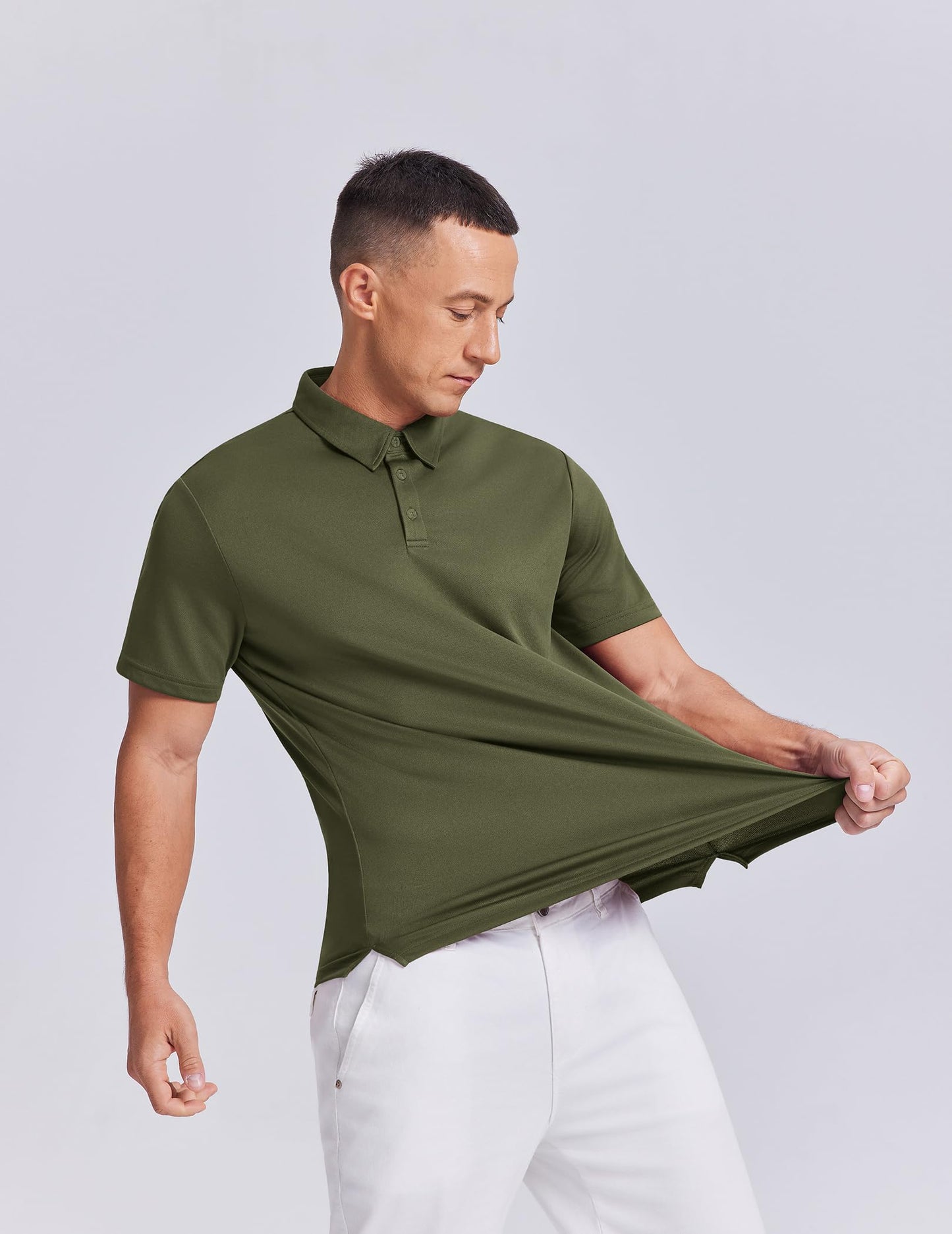 PINSPARK Mens Golf Shirt 3 Buttons Quick Dry Polo Shirts for Men Short Sleeve Casual Stylish Collared Polo Shirts Army Green