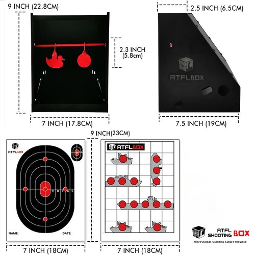 Atflbox 7 x 9 Inch BB Gun Target Trap with 20pcs Paper Targets and Spinning Metal Silhouettes Shooting Targets for Backyard, Outdoor, Indoor, Suitable for Airsoft, Rifle, Pellet Gun