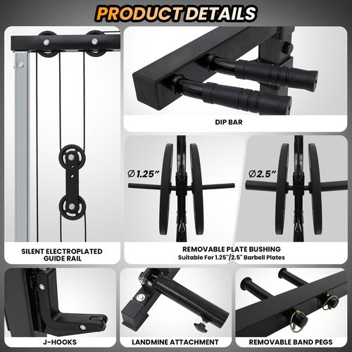 Power Cage with LAT Pulldown, Multi-Functional Power Rack with Cable Pulley System and J-Hooks, Squat Rack with Dip Bars and Landmine Attachment, Weight Cage for Home Gym Equipment (Black)