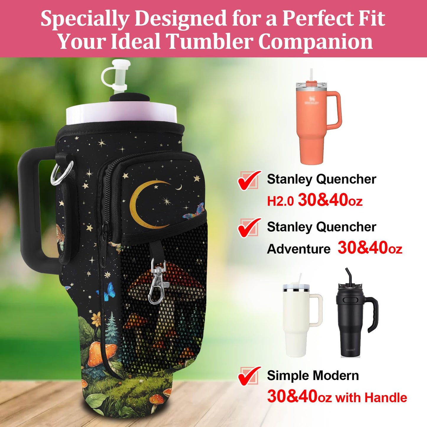 LAOTANGJIA Stanley Cup Carrier 40oz Tumbler with Water Bottle Holder Carrier Bag and Phone with 2 Adjustable Strap Bottle Holder Stanley Cup Accessories for Hiking Travelling Camping,Mushroom