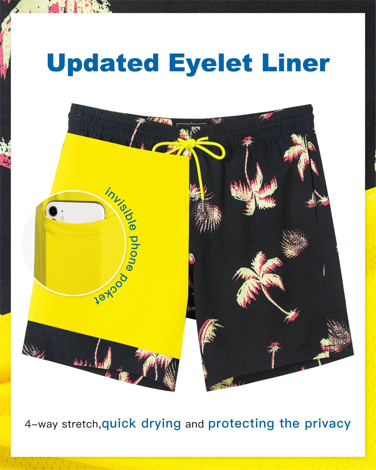 SURF CUZ Mens Swim Trunks with Compression Liner Quick Dry Swim Shorts 7" Swimming Trunks Stretch Bathing Suit 7 Inch,Neon Palms,S
