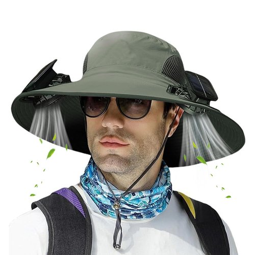 Wide Brim Solar/USB Rechargeable Fan Hat - Adjustable Cooling Sun Hat for Men & Women, Outdoor Fishing Gardening Hats Army Green