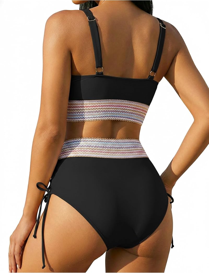 High Waisted Color Block Bikini Set for Women with Tummy Control - V-Neck Two-Piece Swimsuit, Black, Medium