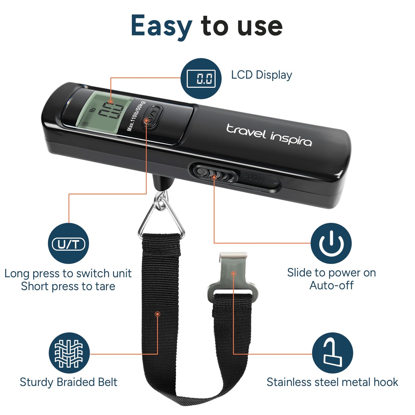 Battery-Free Luggage Scale – No Batteries Needed, Portable Digital Hanging Suitcase Weight Scale for Air Travel & Checked Bags, 110lb/50kg, LCD Display, Compact Travel Accessory
