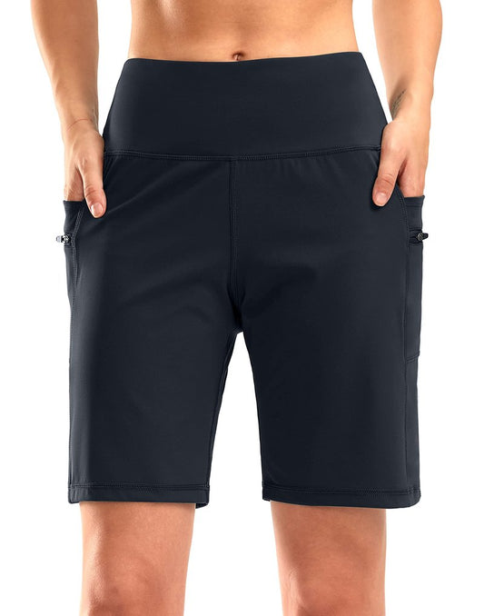 G Gradual Women's High Waisted 9" Bermuda Shorts with Zipper Pockets Athletic Workout Long Shorts for Women Knee Length(Navy,L)
