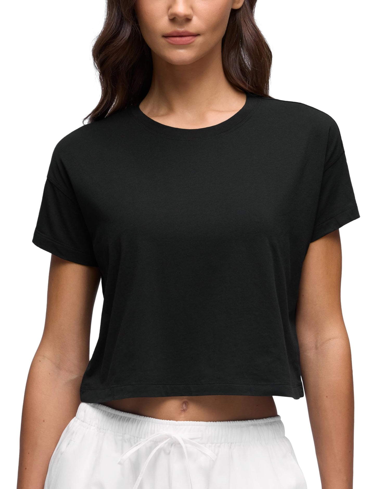 CRZ YOGA Pima Cotton Relaxed Crop T-Shirts for Women - Workout Athletic Gym Casual Short Sleeve Shirts Loose Crewneck Tops Black Medium