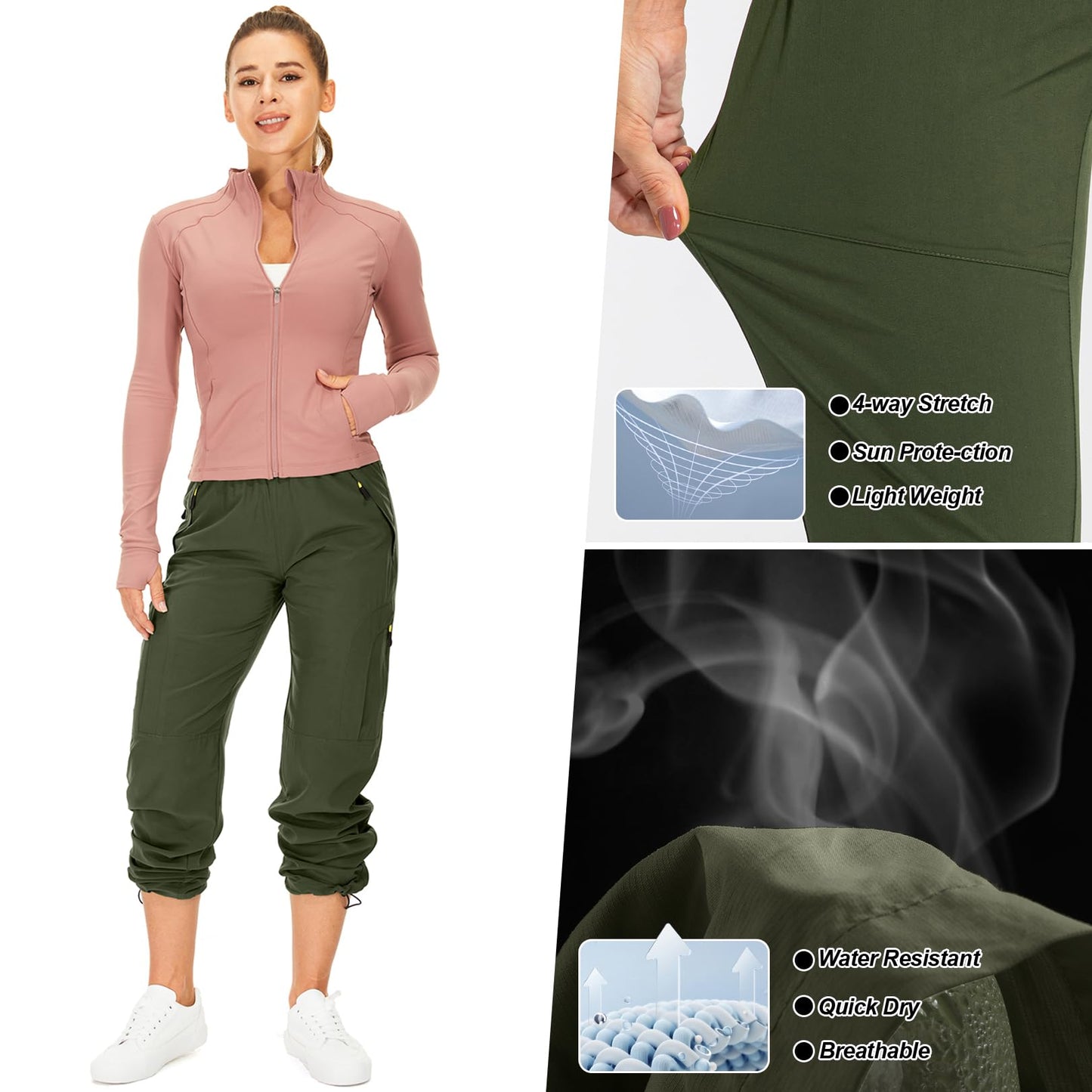 Womens Hiking Pants Quick Dry UPF 50 Lightweight Travel Golf Cargo Safari Pants Zipper Pockets,6608,Army,Petite XS