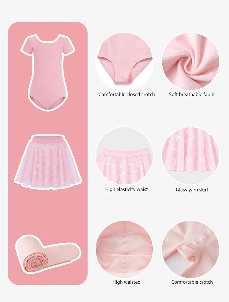 MdnMd Ballet Pink 4-6 Years Toddler Girl Leotard Set with Butterfly Skirt & Bow Back