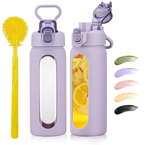 SIEROZUR 20oz Borosilicate Glass Water Bottle with Flip Lid and Silicone Sleeve Reusable Drinking Bottle with Handle for Coffee,Tea and Water,BPA-free Dishwasher Safe