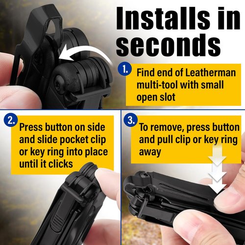[2-Pack] 2 Black Quick Release Pocket Clips + 2 Black Lanyard Rings Compatible With Leatherman Wave & Charge MultiTools - Stainless Steel Pocket Clip Won't Bend Or Snap - Install Or Replace In Seconds