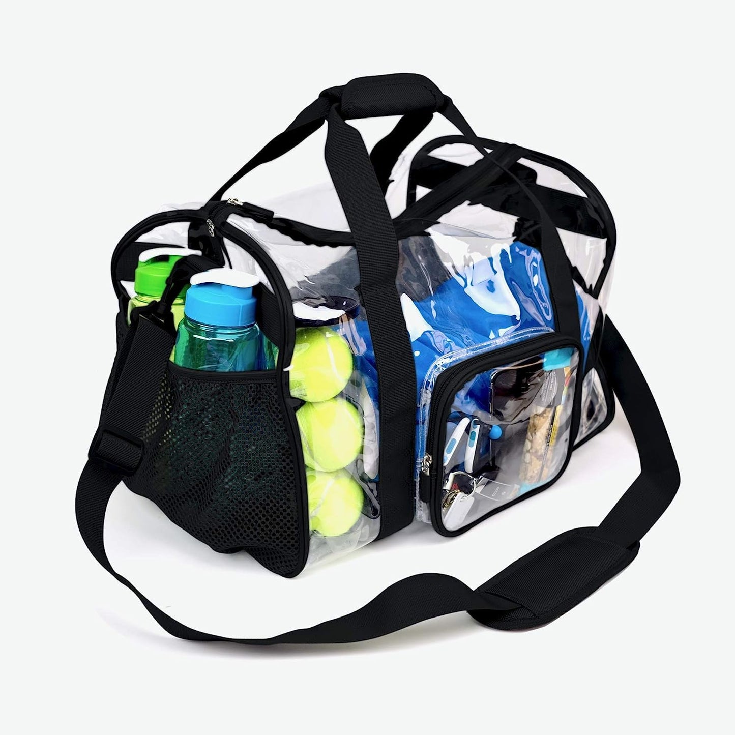 TXSN Heavy Duty Large Clear Duffel Gym Bag with Clear Bottom Transparent All Sides Shoe Pocket Removable Shoulder Strap for Men Women Fitness Security Check, Black