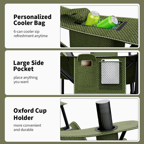 Heavy Duty Folding Chair 500LB Capacity, Oversized Camping Chairs with Cup Holder, Cooler Bag & Storage Pouch, Double-Layer Fabric, Outdoor Chairs for Sports, Lawn Chairs (2, Black Green, Extra Large)