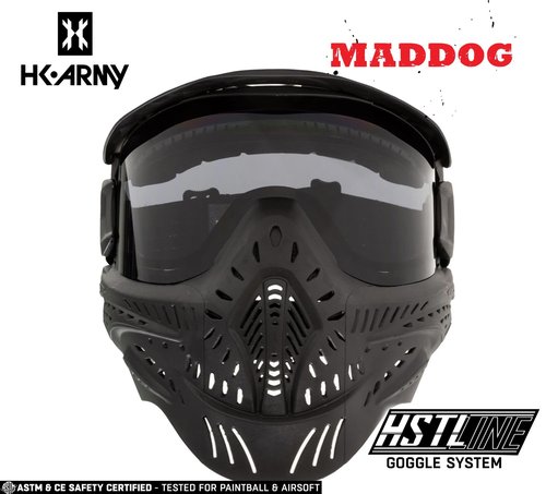 Maddog HK Army HSTL Paintball Airsoft Mask Goggle System | Replaceable Thermal Dual-Pane Anti Fog Lens | Adjustable Full-Face Safety Certified Protection - Black with Smoke Lens