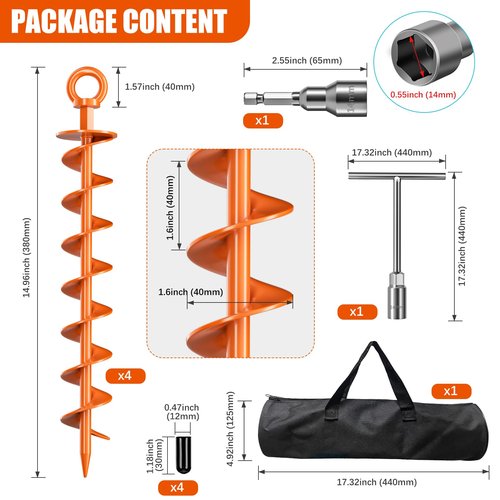 Phopich Ground Anchor Screw in, 4 Pack Spiral Trampoline Anchors with Nut and Tool Swing Set Anchors Tent Stakes High Wind Heavy Duty for Sheds, Carports, Mobile Home Orange