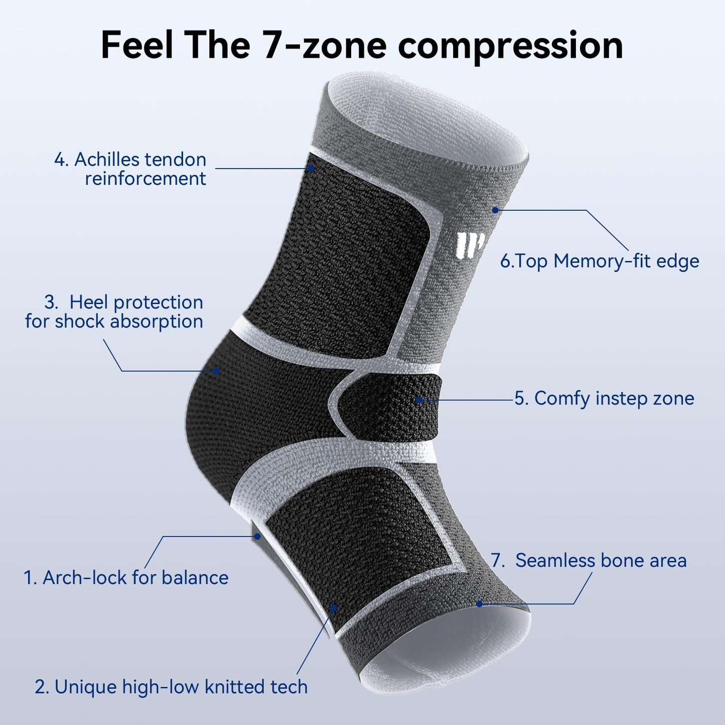 WHCOOL Flat Knitting Ankle Brace For Women&Men, 7-Zone Dynamic Compression Sleeve w/Flex Strap,Foot Support For Sports, Sprained Ankle, Achilles Tendonitis, Plantar Fasciitis Relief(Pack of1)L, Black