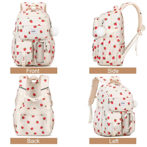 ACESAK Backpack for Girls - Girls Backpack with Lunch Bag & Pencil Pouch for Teen Kids Laptop Backpack for Women, Elementary Middle High School Bookbag Travel Daypack (Beige Strawberry)