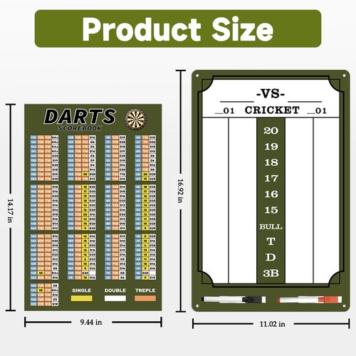 Paxiko Darts Scoreboard - Dry Erase Dart Scoreboard for 301, 501 and Cricket Games - Come with Darts Scorebook & 2 Pens (Dark-Green)