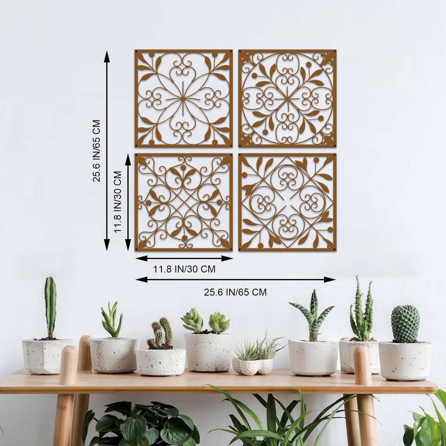 Resama 4 Pieces Rustic Wall Decor Farmhouse Wall Decor for Living Room Metal Hollow Carved Design Metal Decorative for Home Bedroom Kitchen Office (Brownish Orange,Square)