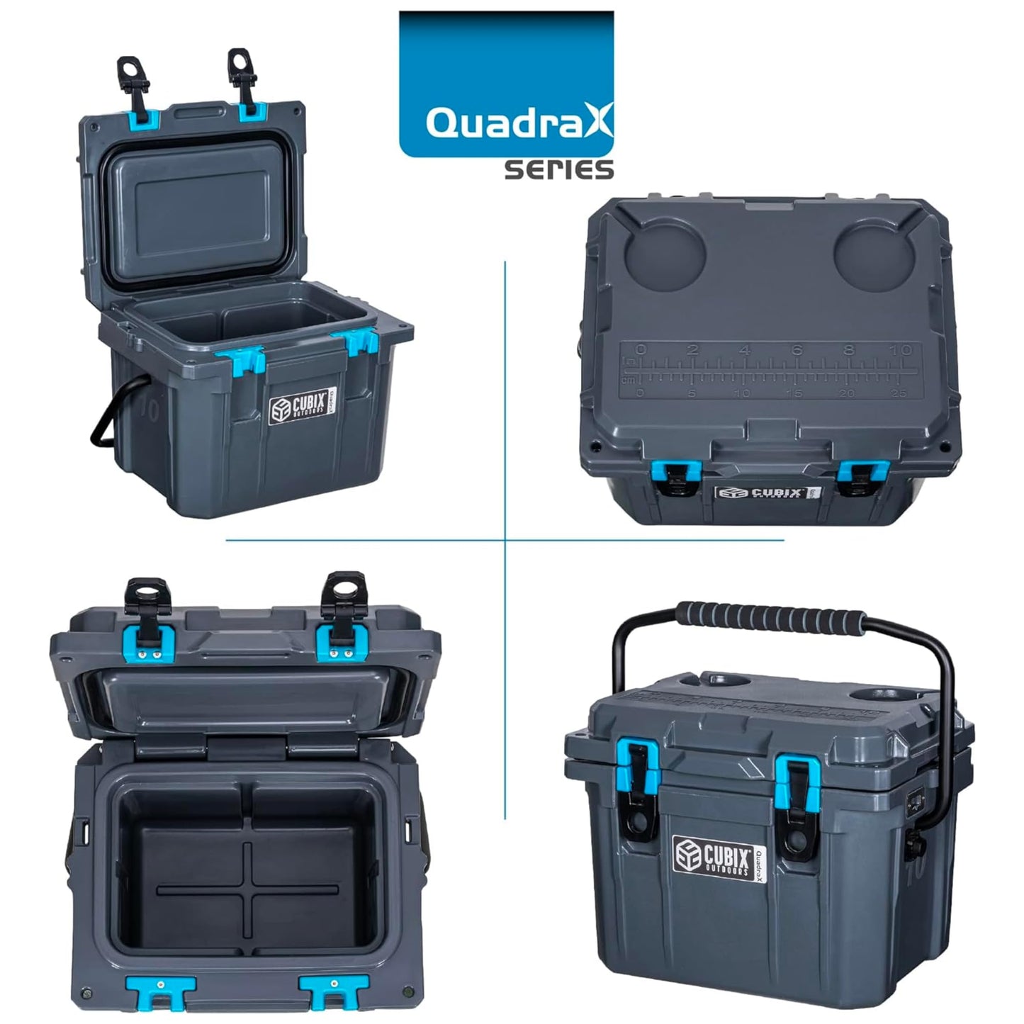 Cubix Outdoors, QuadraX 10QT Rotomolded Personal Small Cooler, Insulated Portable Hard Cooler Ice Chest, Holds Ice for 72 Hours for Outdoor Activities, 2 Built-in Cup Holders, Granite Grey