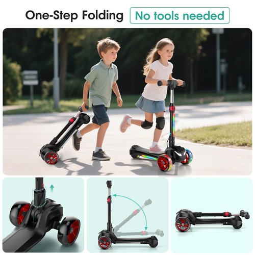 Electric Scooter for Kids Ages 3-12, 3-Wheel Electric Scooter, Electric Kick Scooter with 2 Speed, Long Battery Life, Bluetooth Music, LED Wheels, Gift for Kids (2-Speed & Bluetooth, Black)