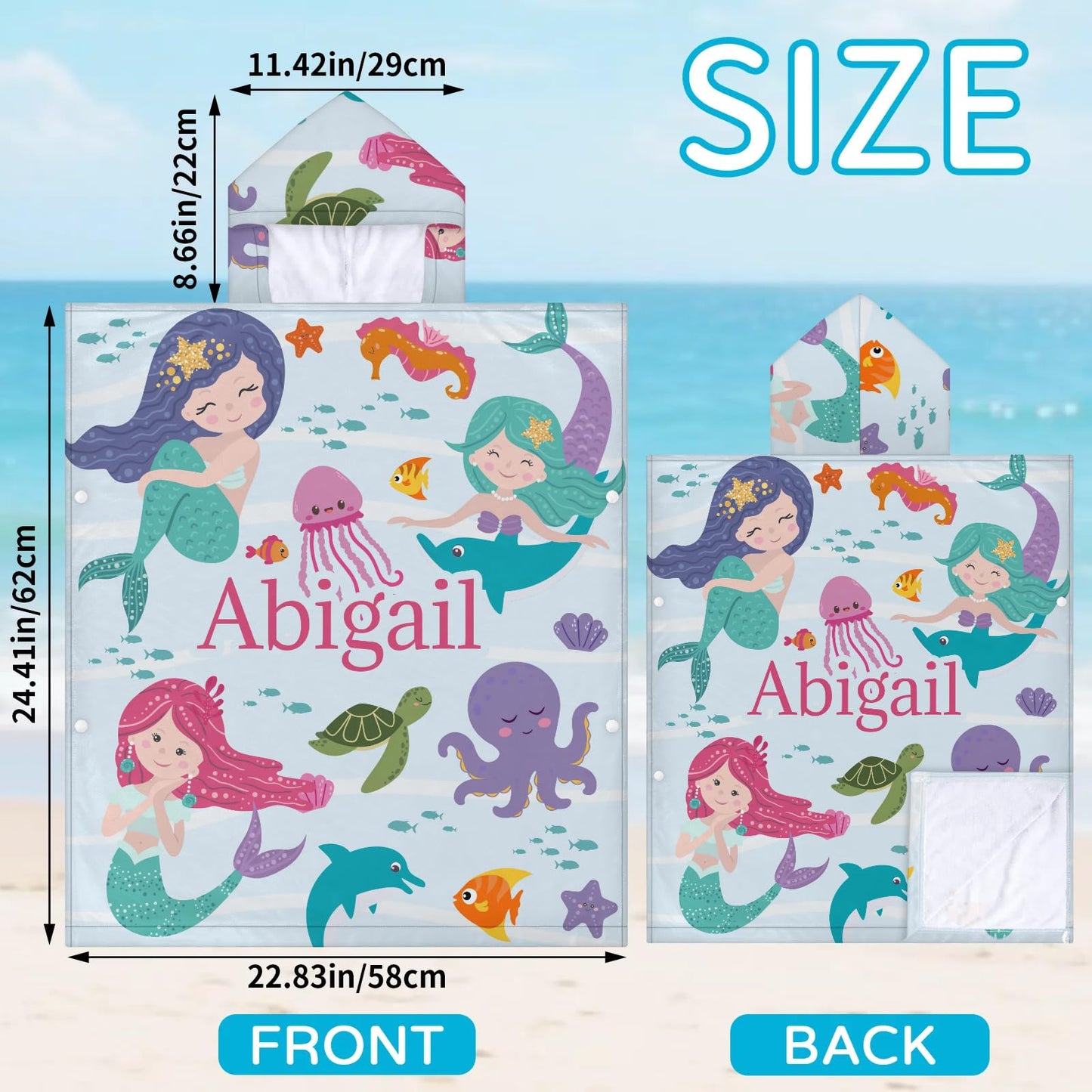 Personalized Mermaid Hooded Beach Towels for Toddlers, Customized Hooded Bath Towel for Girls Kids with Name, Baby Poncho, Custom Microfiber Soft Towels 1-6 Years with Hood Robe for Pool Swimming