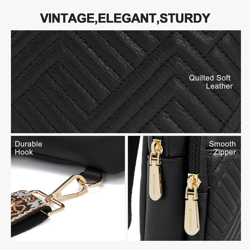 BOSTANTEN Sling Bag Quilted Crossbody Bags for Women Cross Body Purse Leather Fanny Pack with Adjustable Guitar Strap