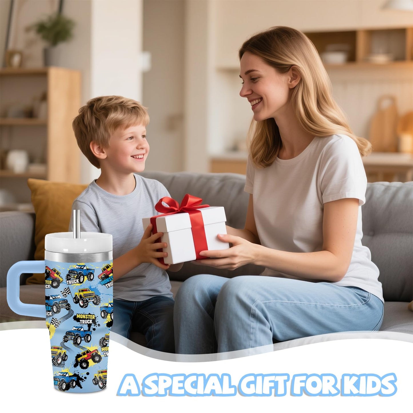 Hiboss 14 oz Monster Truck Tumbler with Handle and Straw for Kids, Insulated Stainless Steel Travel Mug for Boys, Double Wall Vacuum Reusable Cup, Birthday Gifts for Boys