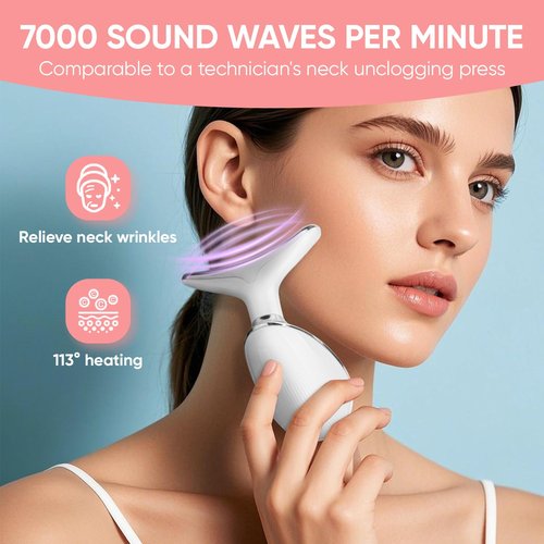OCAWAYEE Face and Neck Massager Tool, 7 Colors LED Light Therapy Wand for Wrinkles, Double Chin, Portable Facial Massager with Vibrating and Thermals for Skin Care, Glossy White