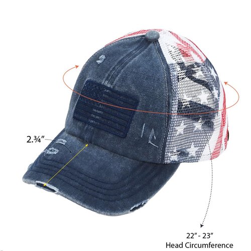 C.C Women's Criss-Cross Ponytail Baseball Cap – Embroidered Cotton Front, American Flag Mesh Back, Adjustable Velcro (Navy)