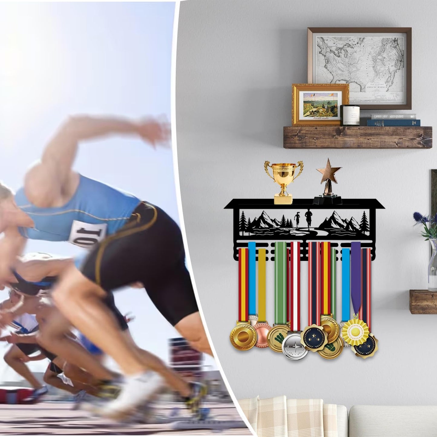 Resama Running Medal Hanger Display and Trophy Shelf for Awards Ribbons Medal Sports Themed Race Ribbon Holder for Wall-Medal Hanger Display Award Rack-Metal Hanger Display for Boy Girl Kid